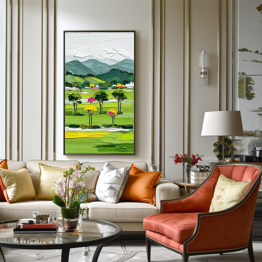 Textured abstract landscape oil painting with green fields, colorful trees, and mountains