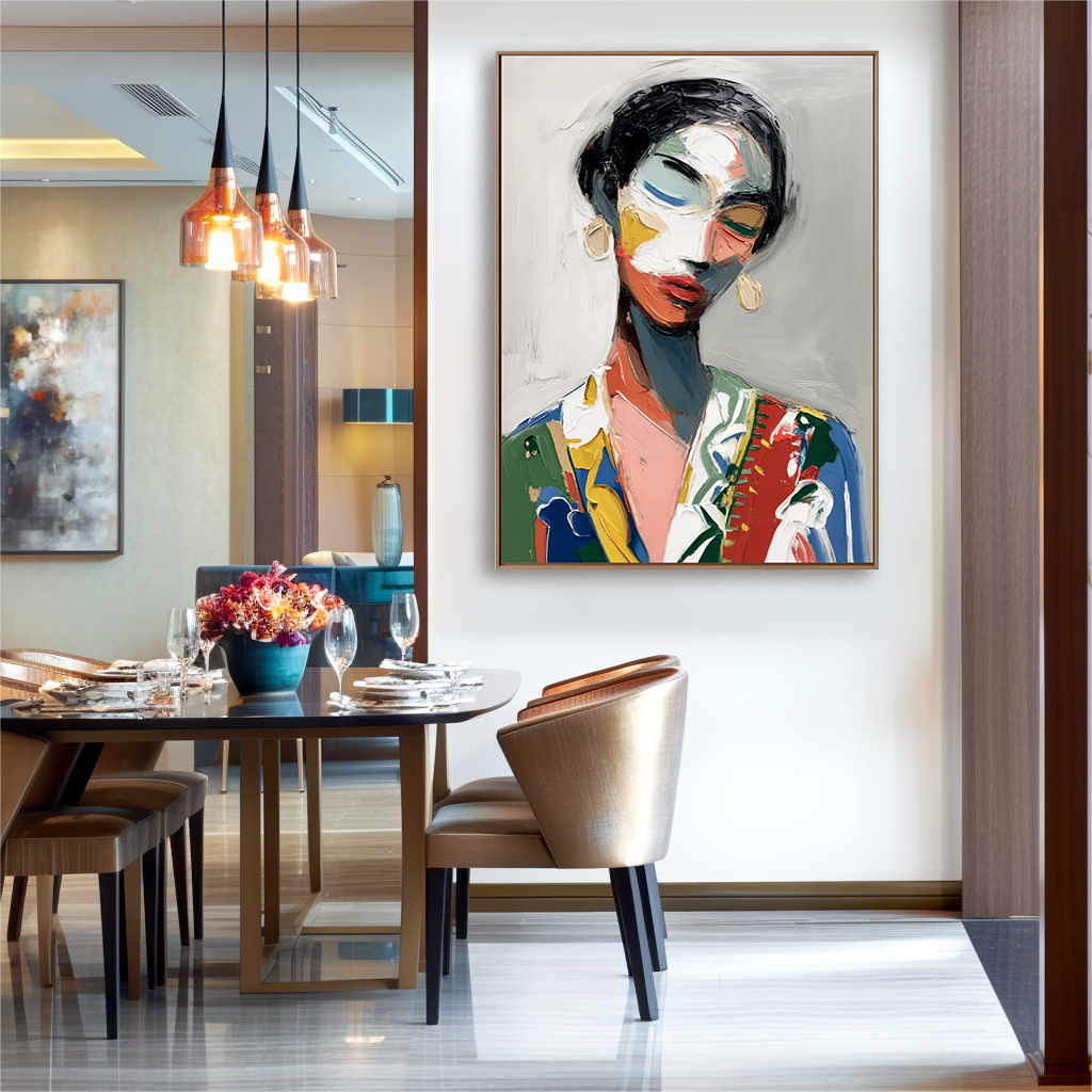 Abstract portrait of a woman with colorful brushstrokes in red, blue, yellow, and gray.