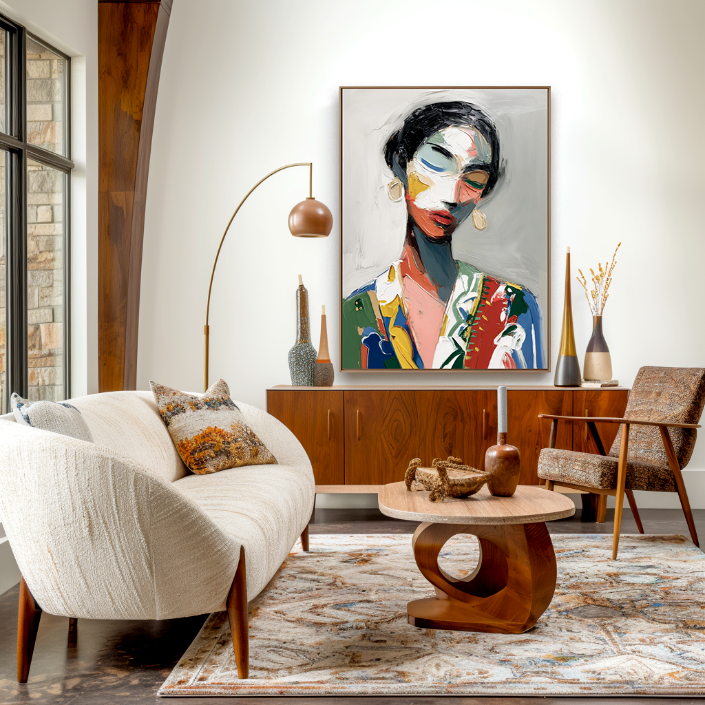 Abstract portrait of a woman with colorful brushstrokes in red, blue, yellow, and gray.