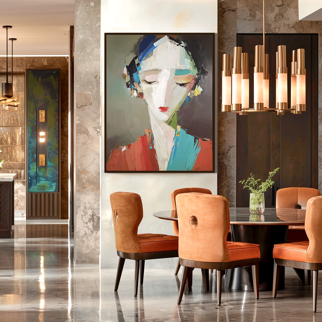 Abstract portrait of a woman with colorful geometric brushstrokes in red, blue, and yellow tones.