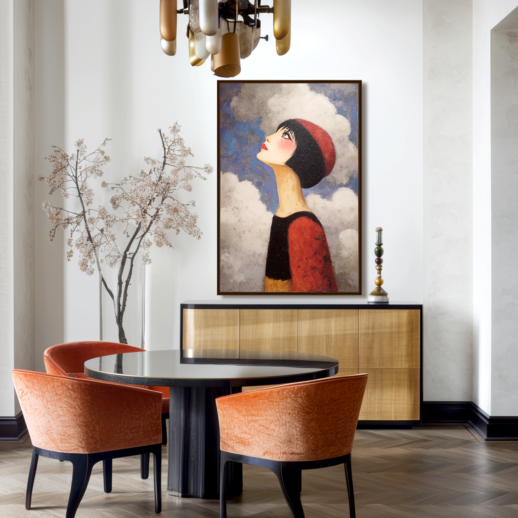 Whimsical portrait of a girl with a red hat looking at the clouds, with a dreamy expression.