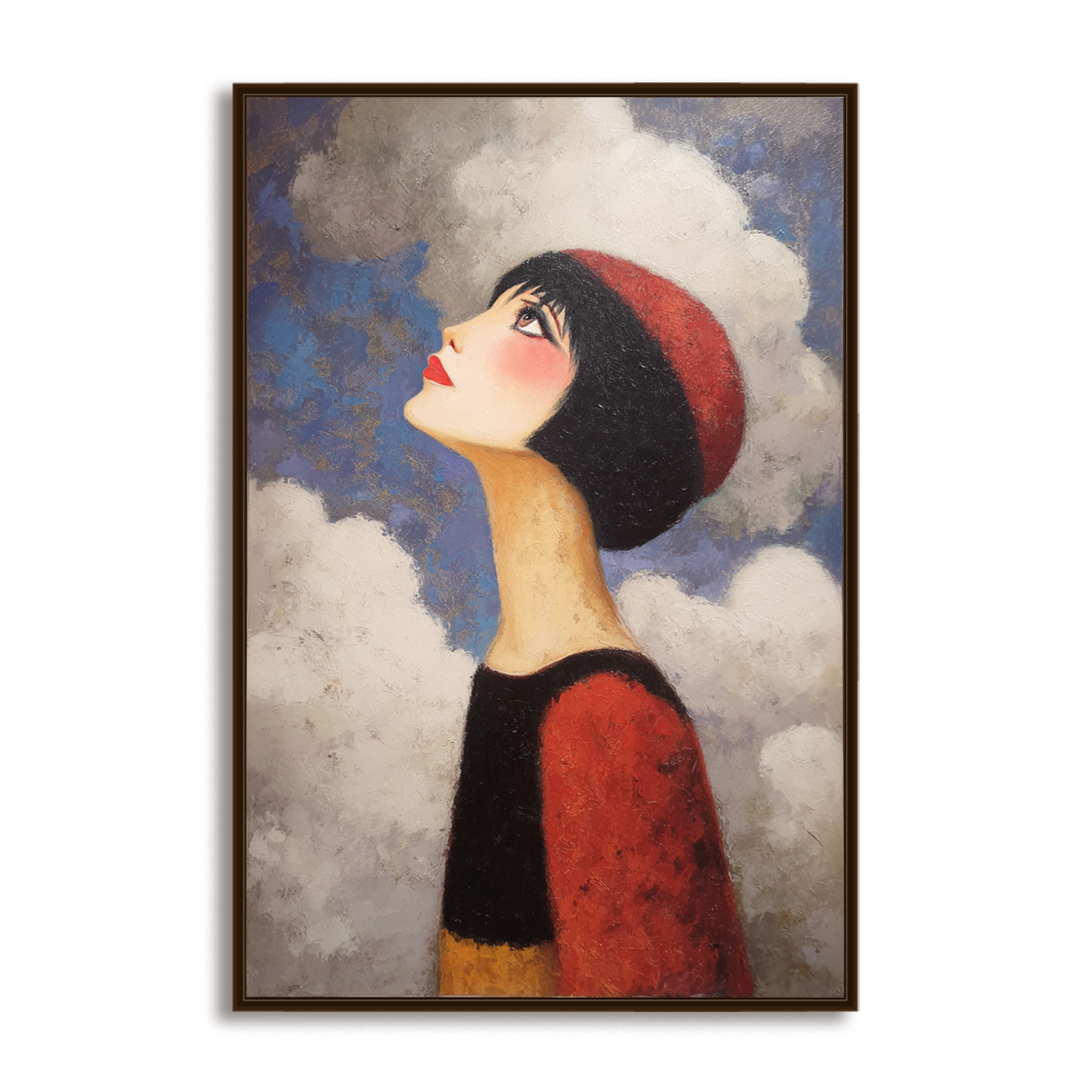 Whimsical portrait of a girl with a red hat looking at the clouds, with a dreamy expression.