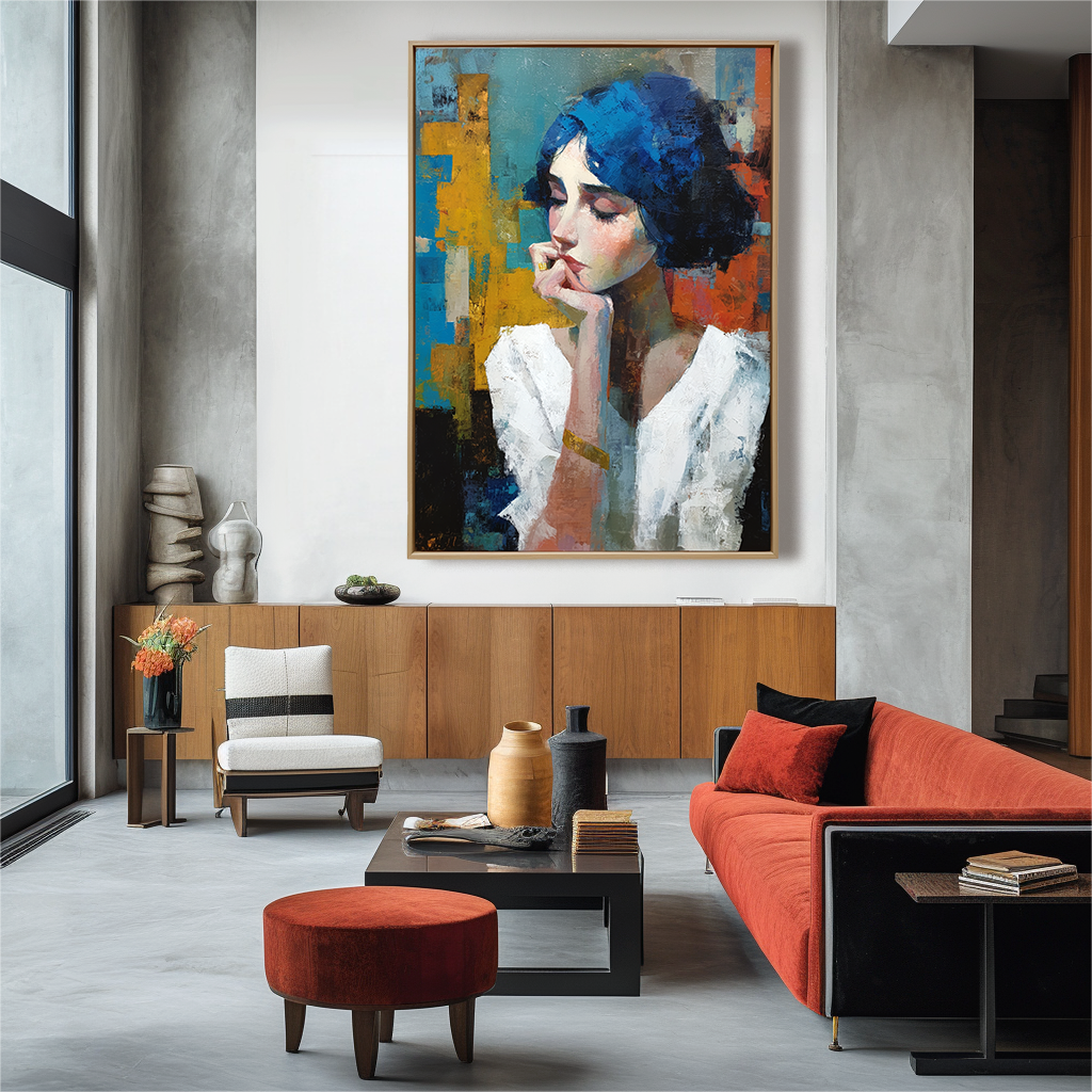 Abstract portrait of a woman with blue hair and vibrant colorful background.