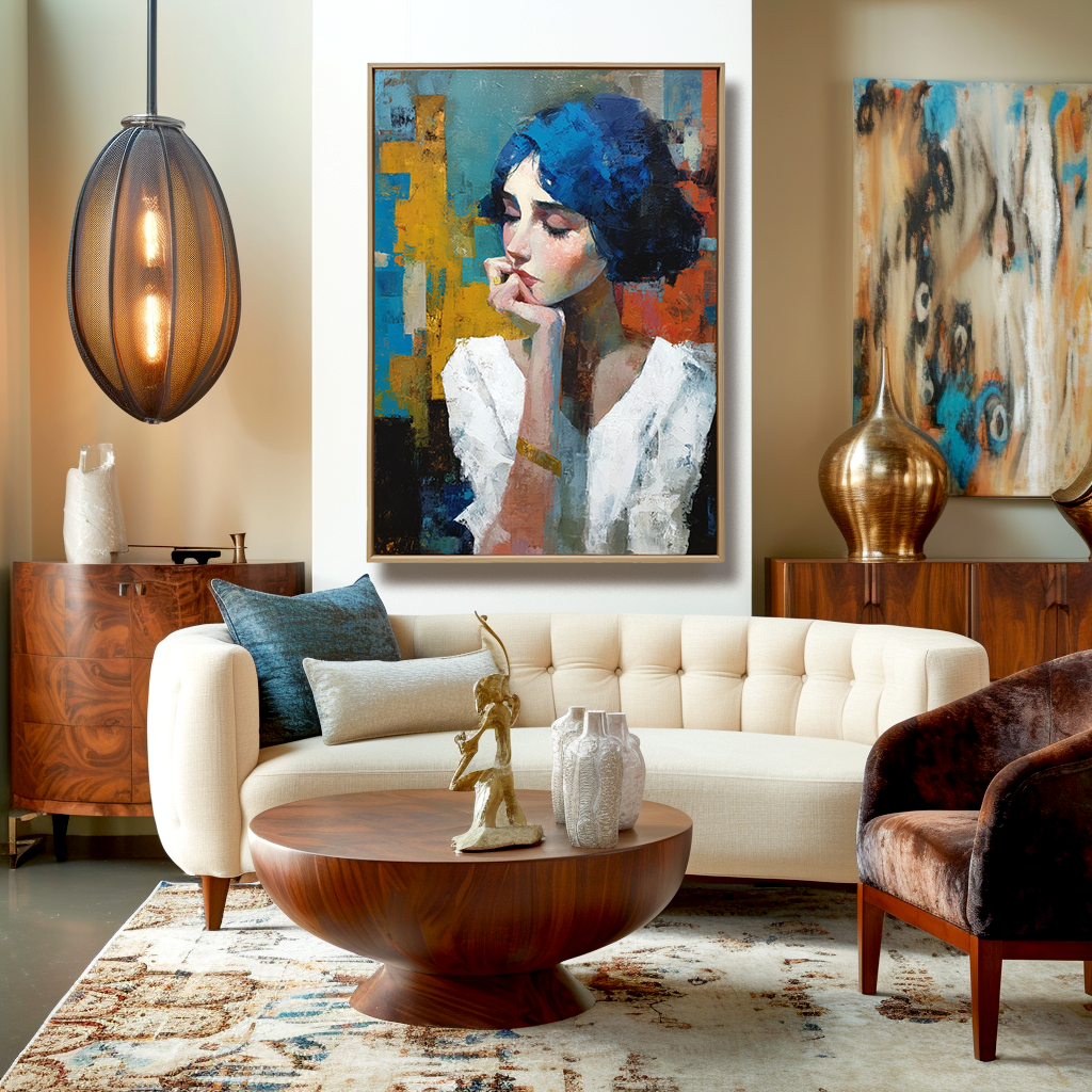 Abstract portrait of a woman with blue hair and vibrant colorful background.