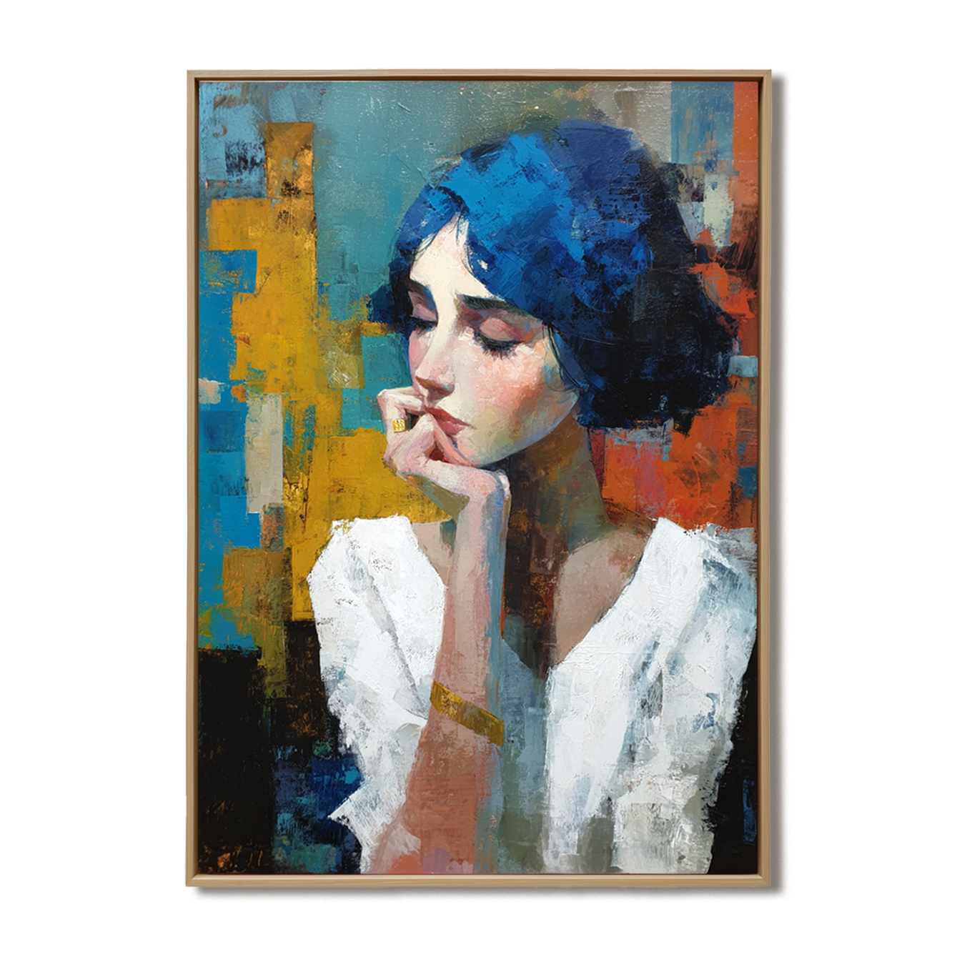 Abstract portrait of a woman with blue hair and vibrant colorful background.