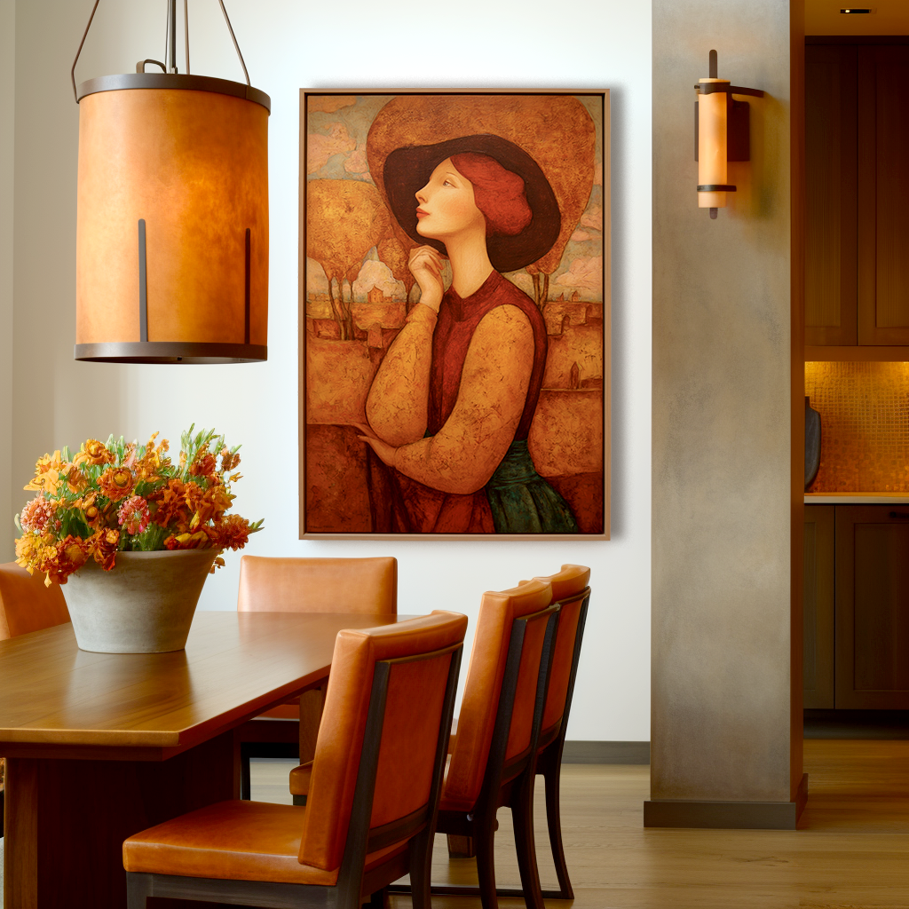 Elegant portrait of a woman with red hair and a wide-brimmed hat, surrounded by a warm autumn landscape in earthy tones.