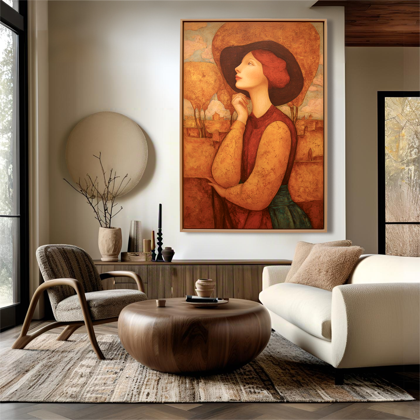 Elegant portrait of a woman with red hair and a wide-brimmed hat, surrounded by a warm autumn landscape in earthy tones.