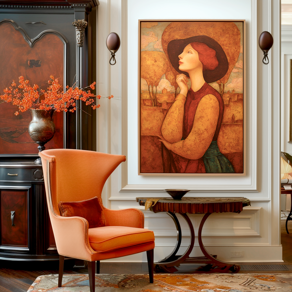 Elegant portrait of a woman with red hair and a wide-brimmed hat, surrounded by a warm autumn landscape in earthy tones.