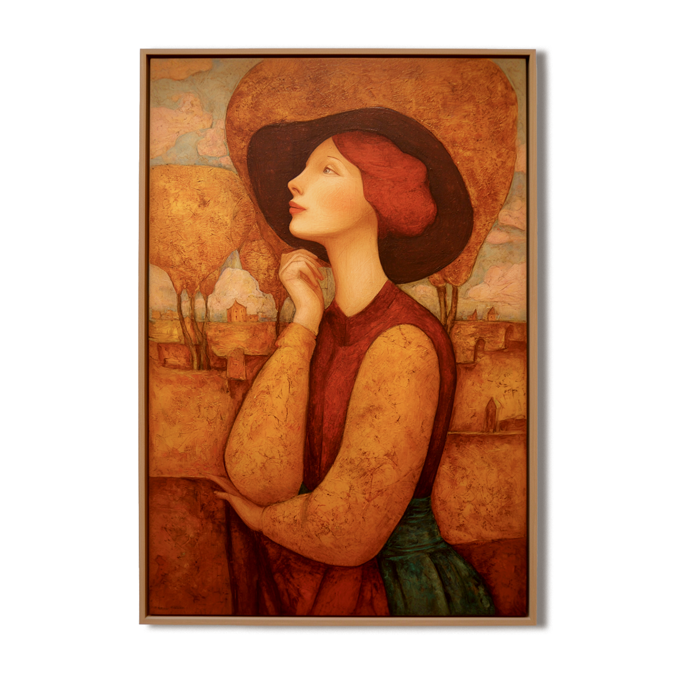 Elegant portrait of a woman with red hair and a wide-brimmed hat, surrounded by a warm autumn landscape in earthy tones.