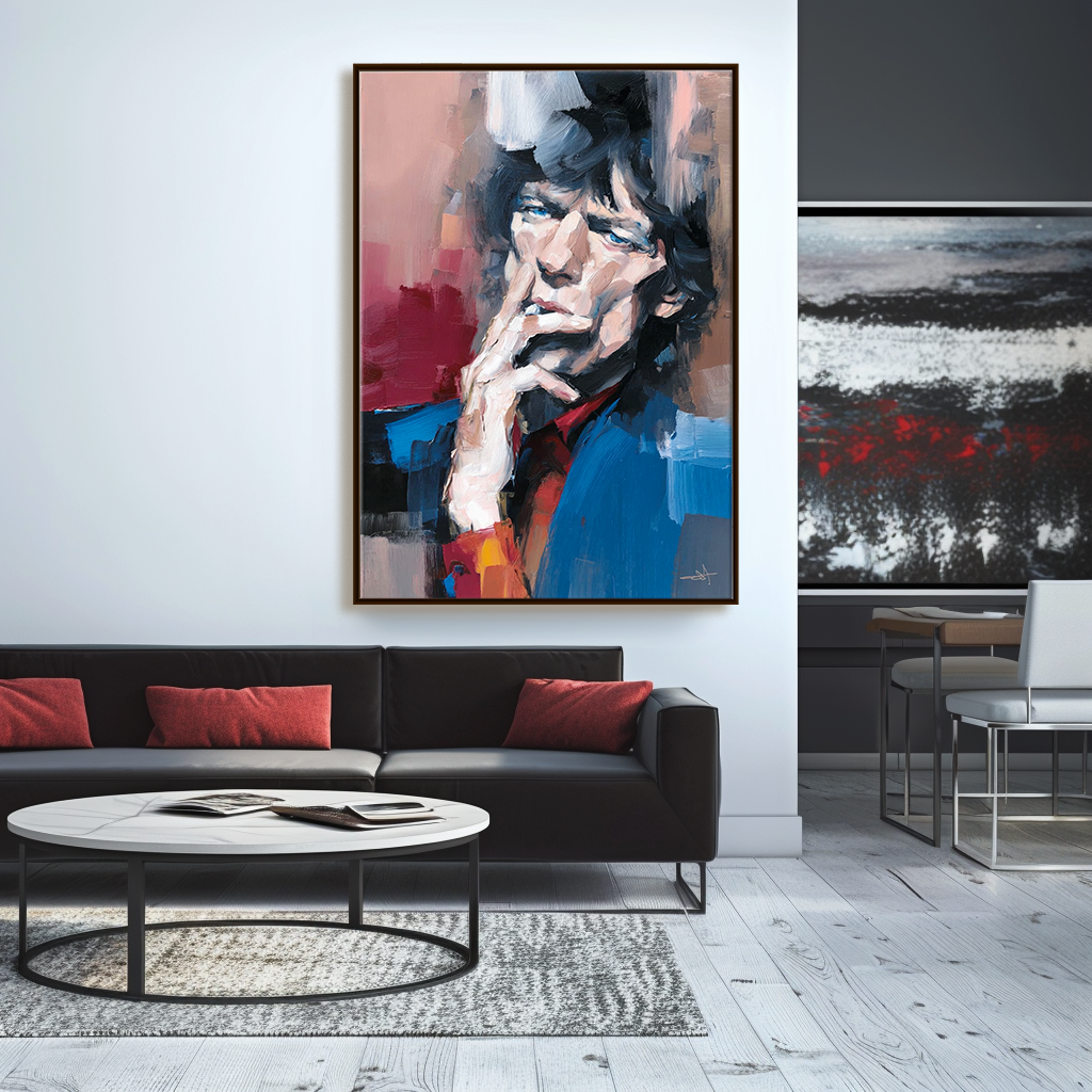 Abstract portrait of a figure with expressive brushstrokes in blue, red, and pink tones, capturing a contemplative moment.