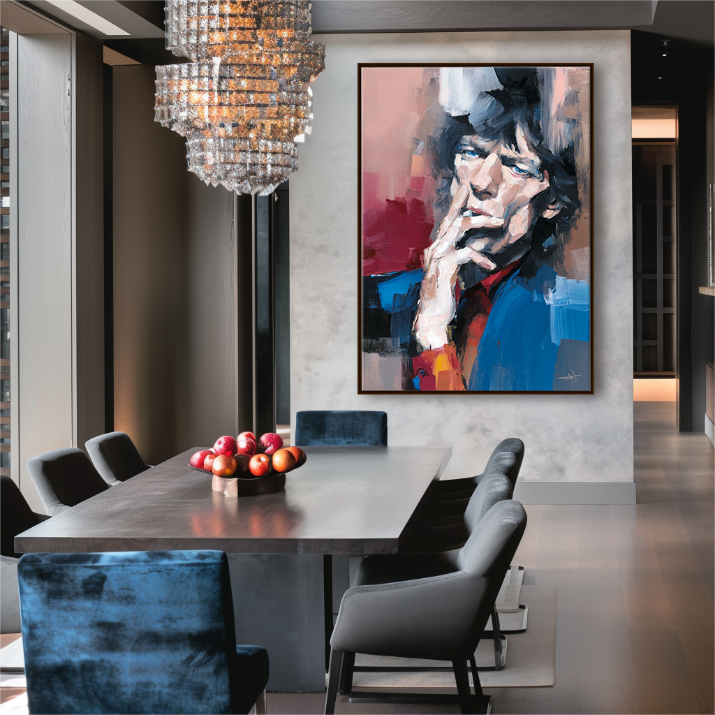 Abstract portrait of a figure with expressive brushstrokes in blue, red, and pink tones, capturing a contemplative moment.