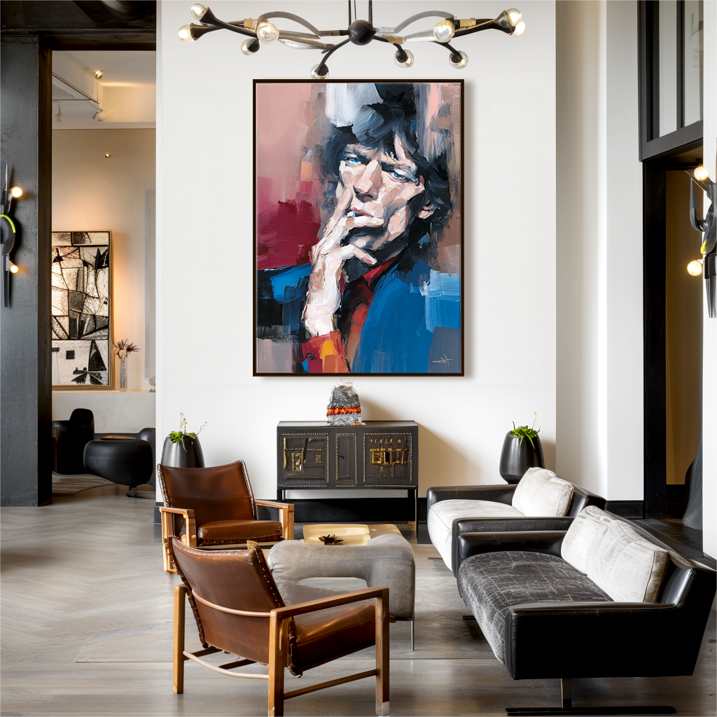 Abstract portrait of a figure with expressive brushstrokes in blue, red, and pink tones, capturing a contemplative moment.