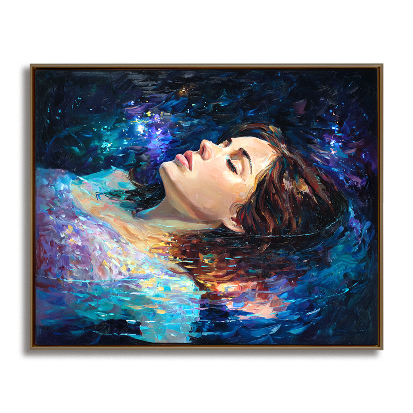 Abstract portrait of a woman floating in cosmic water with vibrant colors and starry effects.