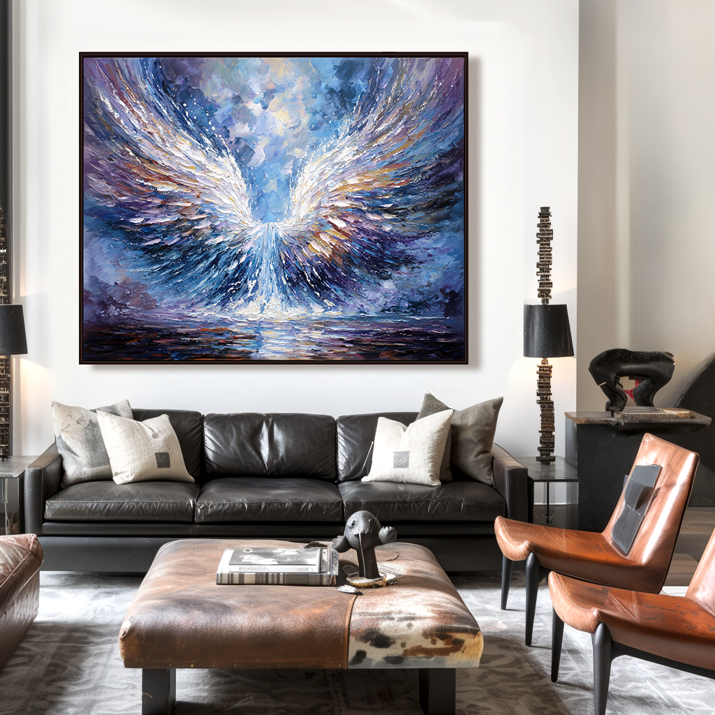 Abstract oil painting of majestic angel wings in white, gold, and purple, soaring against a vibrant background of blues and purples, with a water reflection below