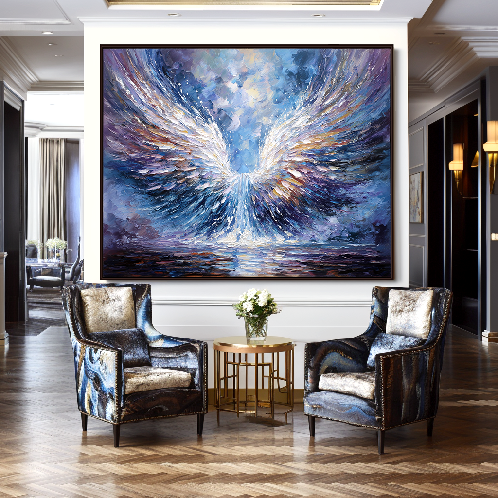 Abstract oil painting of majestic angel wings in white, gold, and purple, soaring against a vibrant background of blues and purples, with a water reflection below