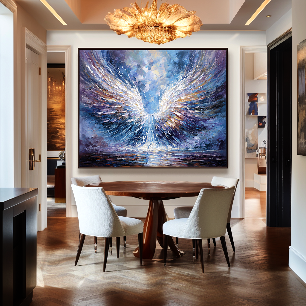 Abstract oil painting of majestic angel wings in white, gold, and purple, soaring against a vibrant background of blues and purples, with a water reflection below