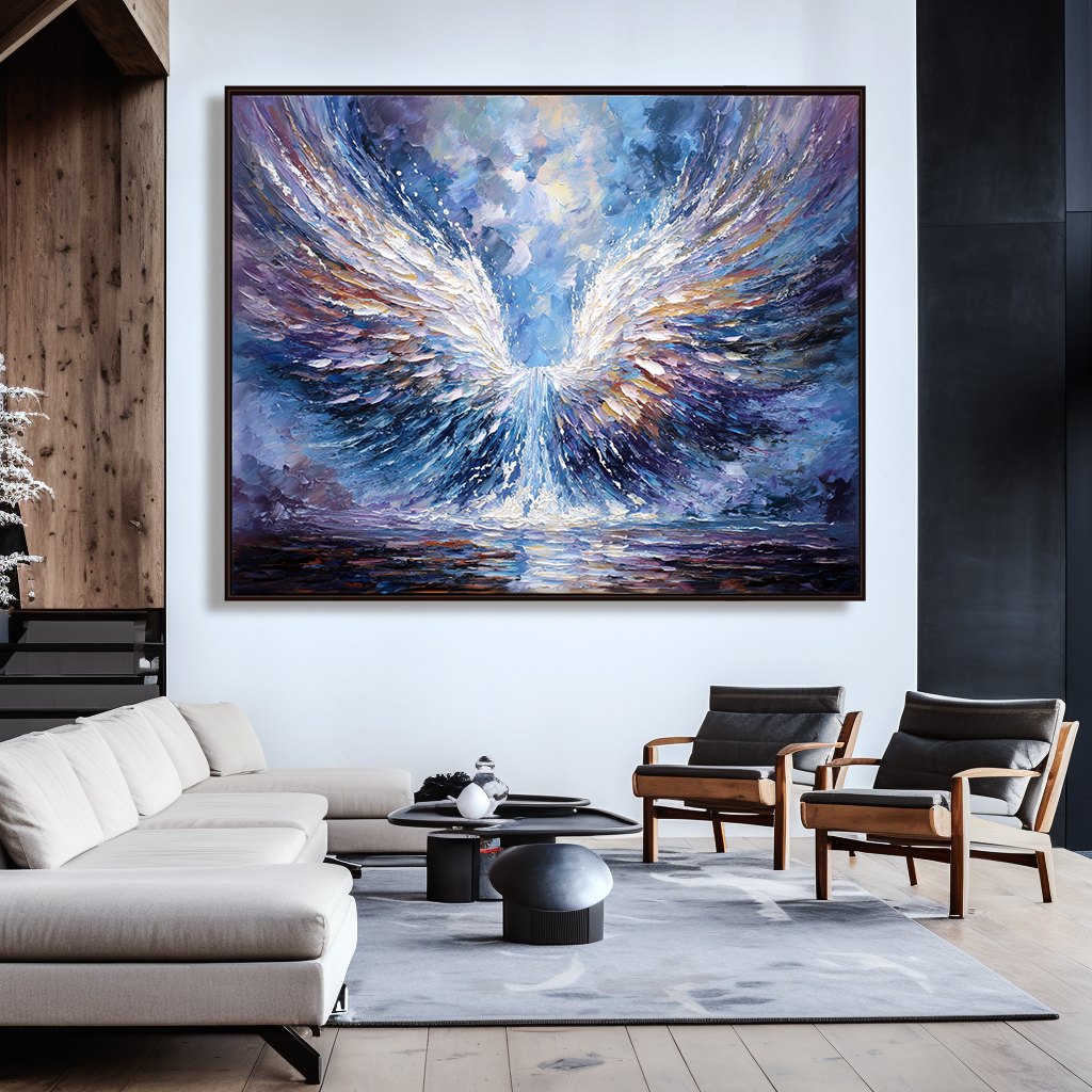Abstract oil painting of majestic angel wings in white, gold, and purple, soaring against a vibrant background of blues and purples, with a water reflection below