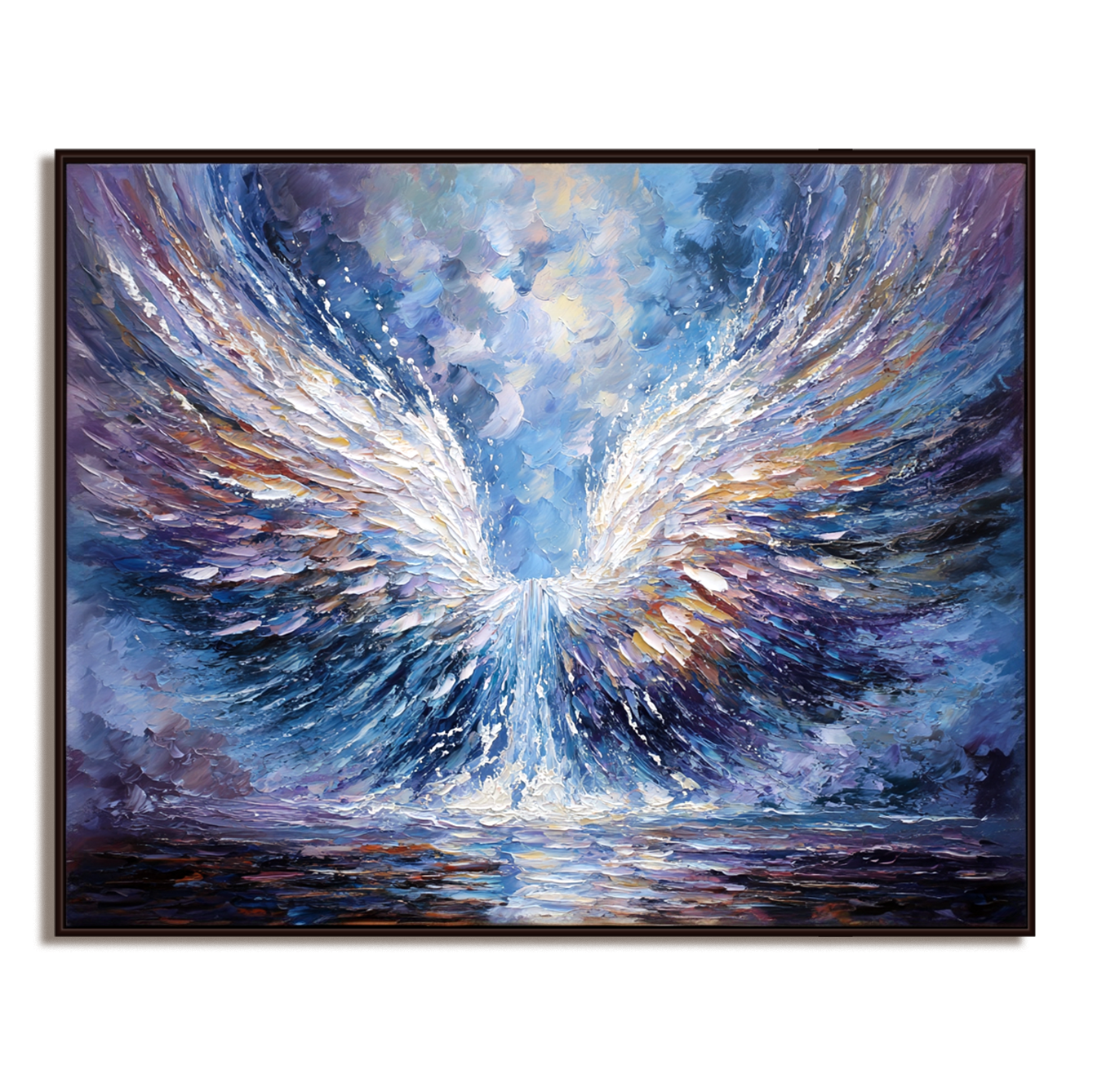 Abstract oil painting of majestic angel wings in white, gold, and purple, soaring against a vibrant background of blues and purples, with a water reflection below