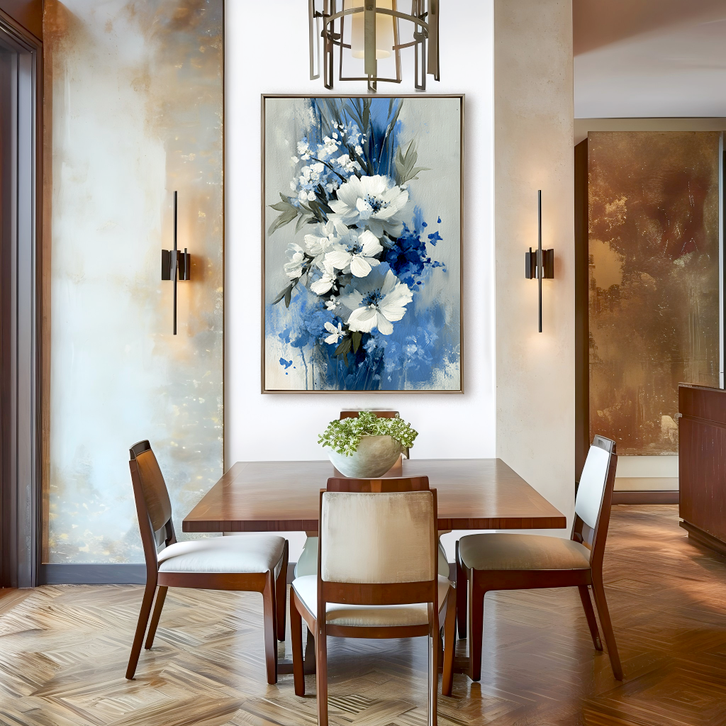 Blue and white floral oil painting with textured petals and modern abstract style