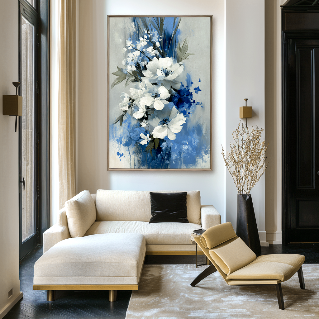 Blue and white floral oil painting with textured petals and modern abstract style