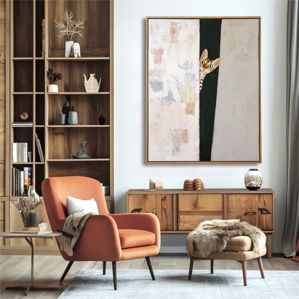 Peeking Cat – Playful Abstract Painting with Intrigue