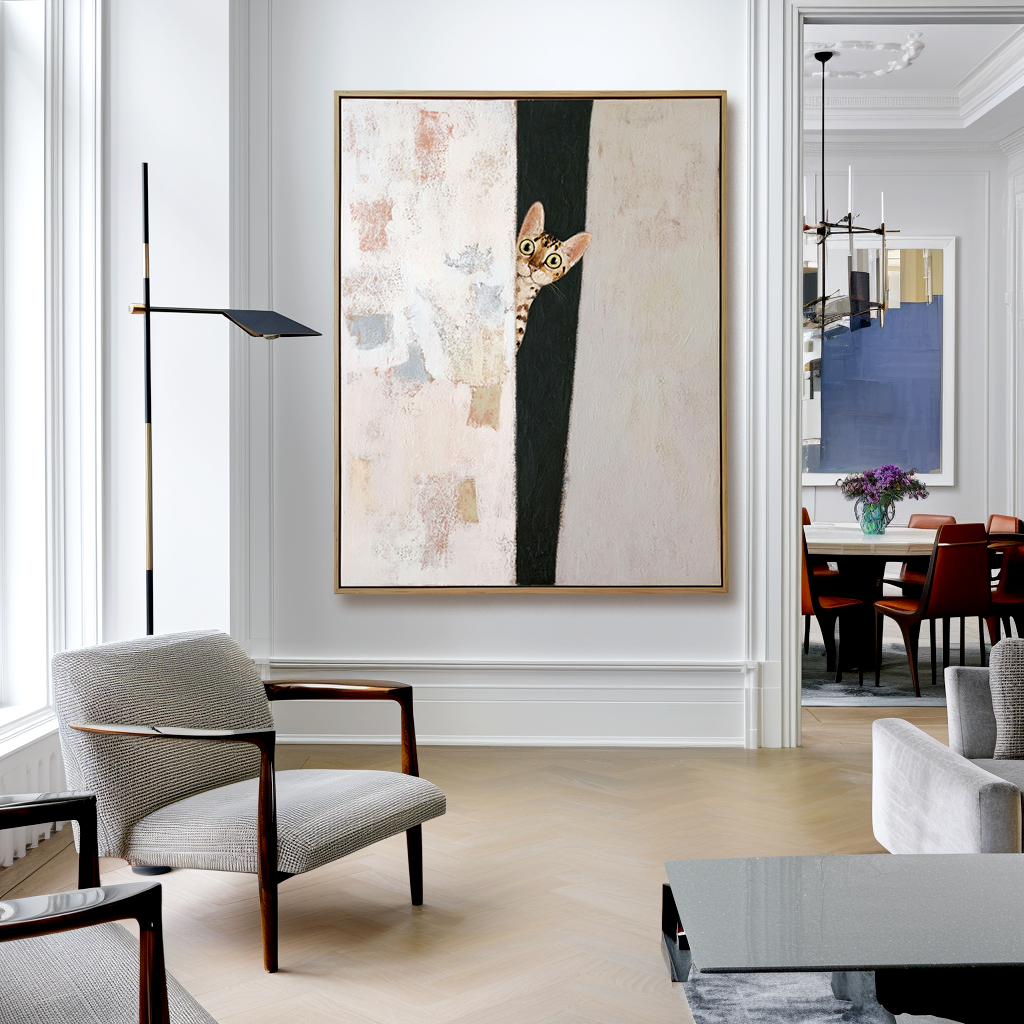 Peeking Cat – Playful Abstract Painting with Intrigue