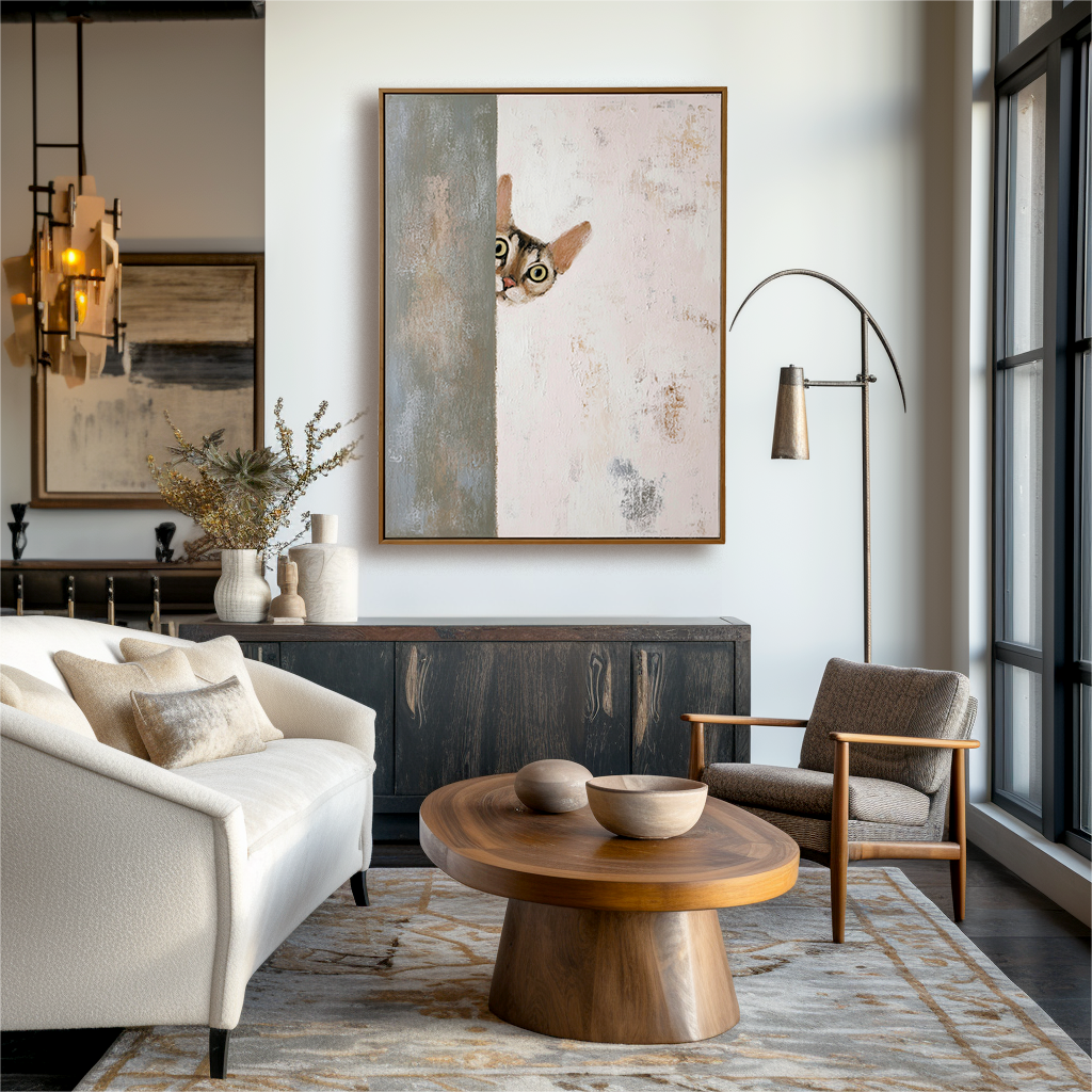 Curious Cat – Whimsical Abstract Painting with Playful Charm