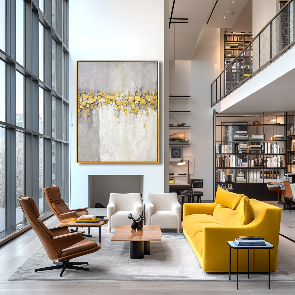 Abstract art with gold accents and soft gray and white tones creating an elegant and serene composition