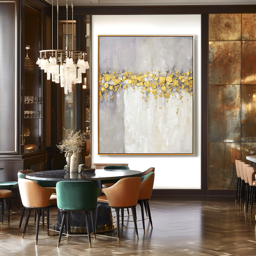 Abstract art with gold accents and soft gray and white tones creating an elegant and serene composition