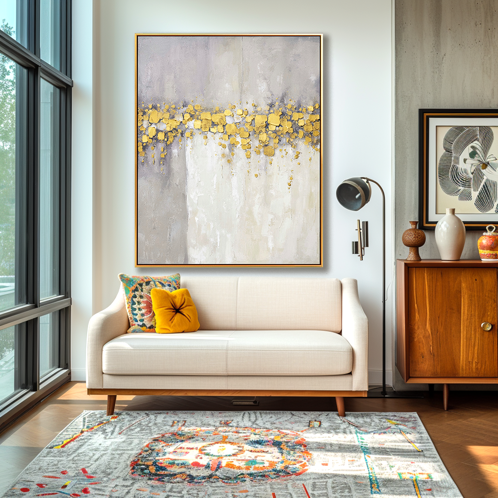 Abstract art with gold accents and soft gray and white tones creating an elegant and serene composition