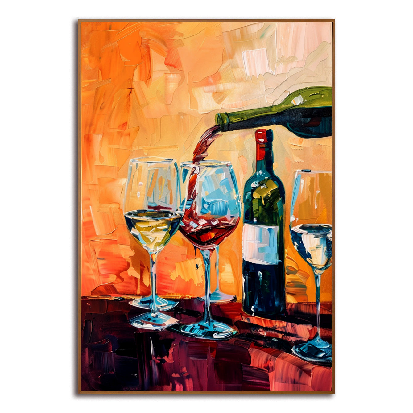 Abstract painting of wine being poured into glasses with vivid orange and red tones.