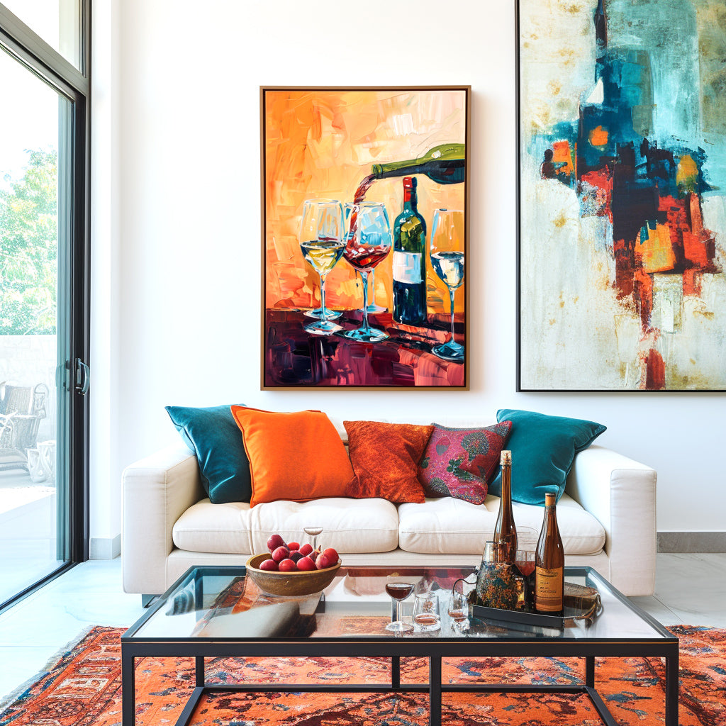 Abstract painting of wine being poured into glasses with vivid orange and red tones.