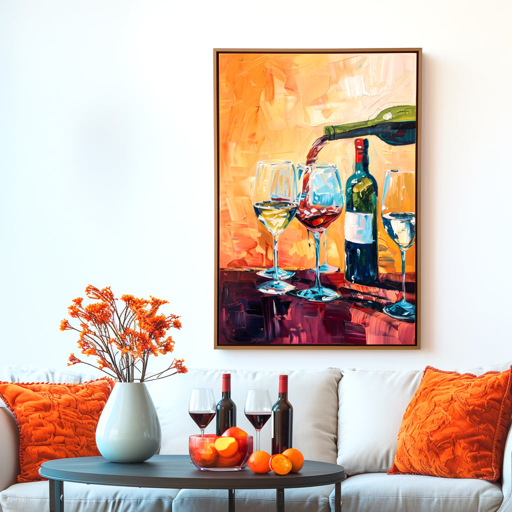 Abstract painting of wine being poured into glasses with vivid orange and red tones.