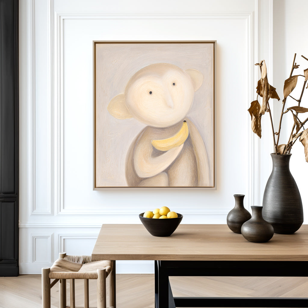 Whimsical painting of a cute monkey holding a banana with soft, muted tones.