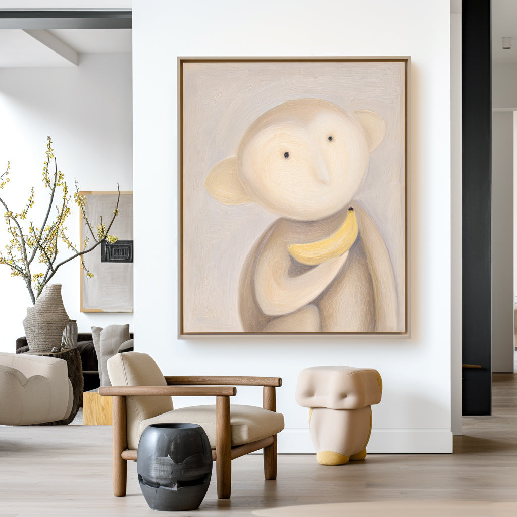 Whimsical painting of a cute monkey holding a banana with soft, muted tones.