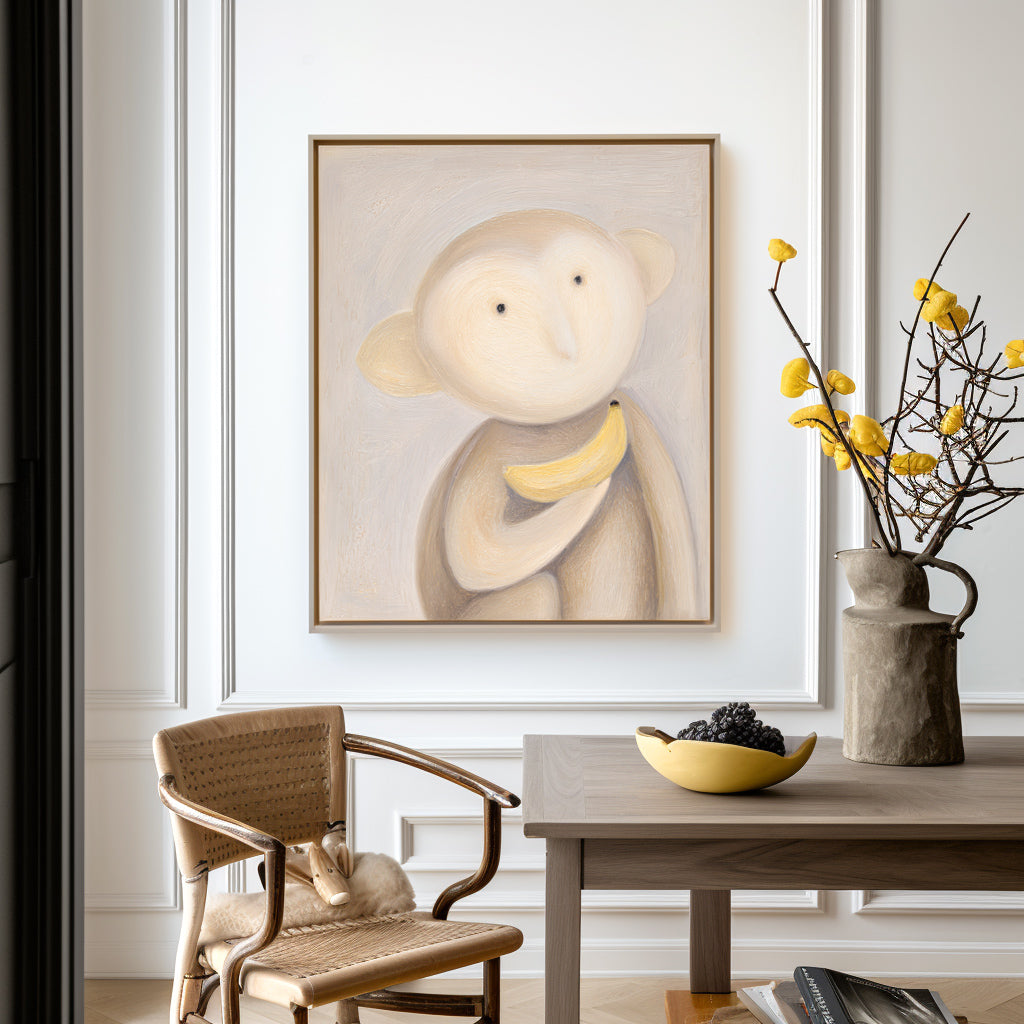 Whimsical painting of a cute monkey holding a banana with soft, muted tones.