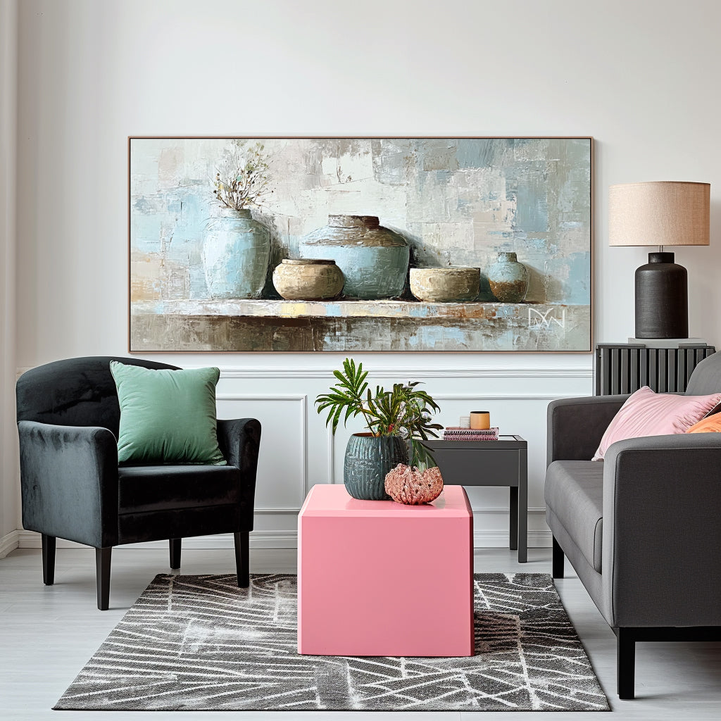 Rustic Pottery Still Life with Blue and Earthy Tones - Handmade Oil Painting