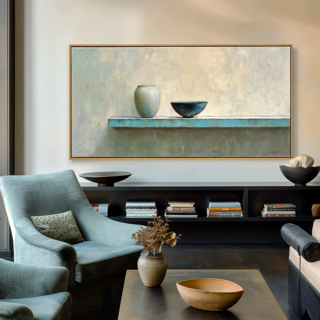 Minimalist Pottery Still Life - Handmade Oil Painting with Soft Tones