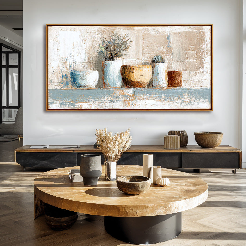 Textured still life painting of ceramic pots and plants on a shelf, with soft white, yellow, and earthy tones