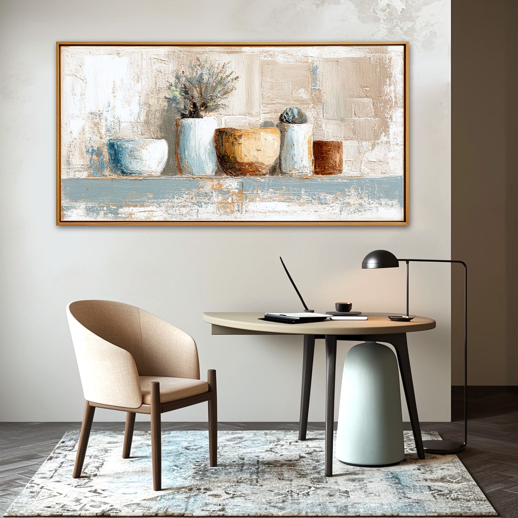 Textured still life painting of ceramic pots and plants on a shelf, with soft white, yellow, and earthy tones