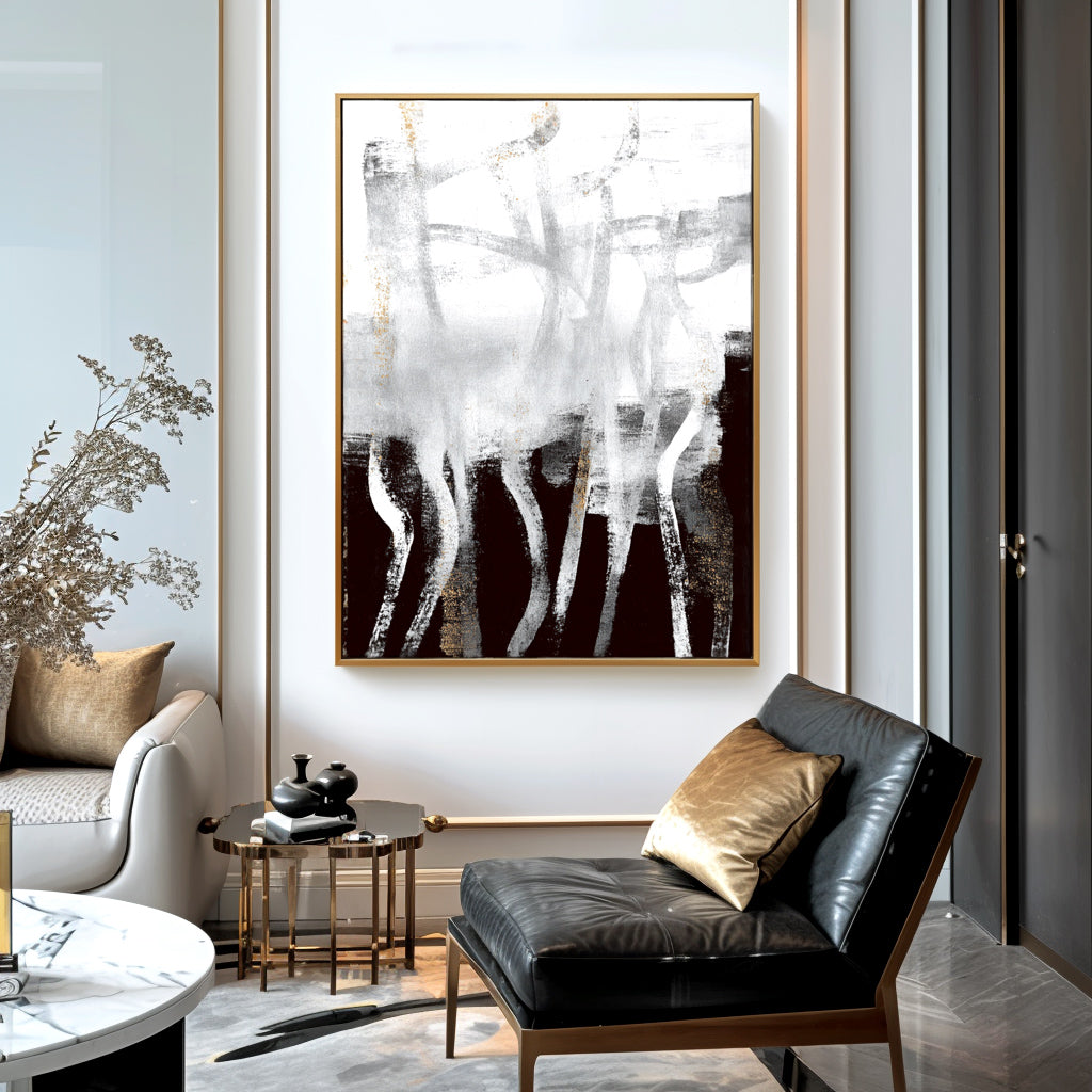 Abstract textured painting in black, white, and gold with flowing lines and modern minimalism