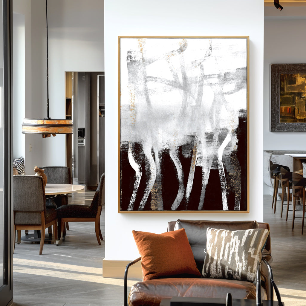 Abstract textured painting in black, white, and gold with flowing lines and modern minimalism