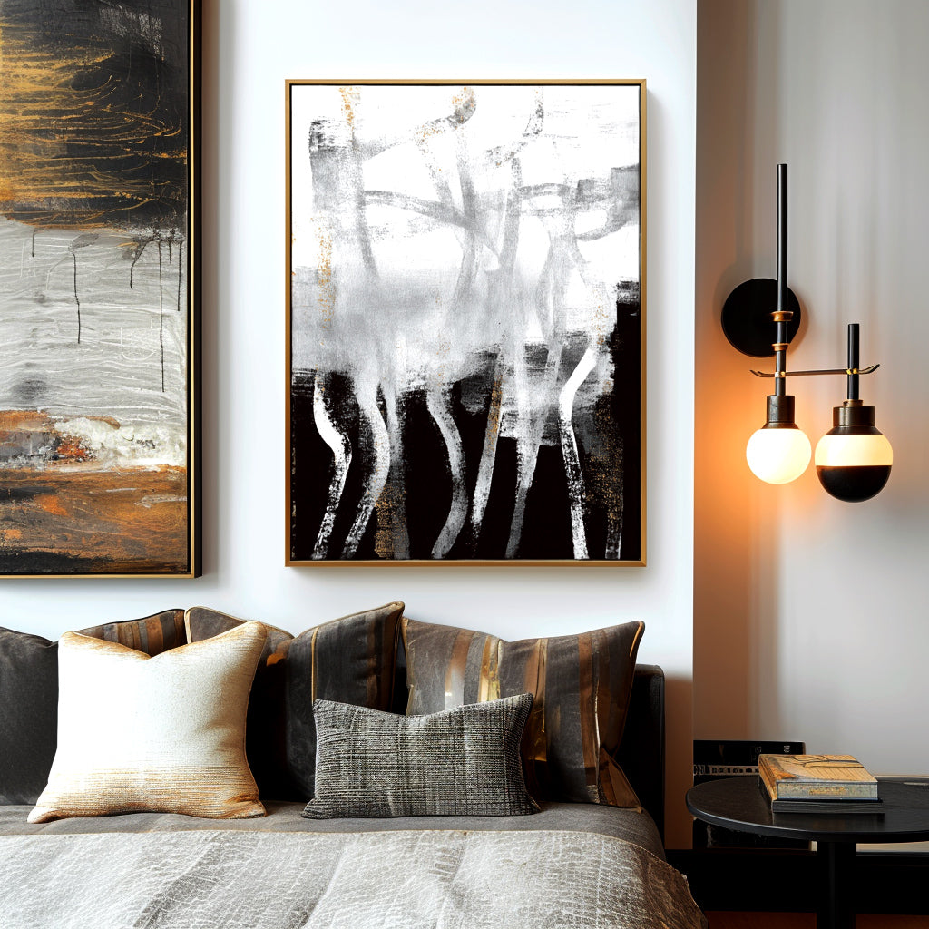 Abstract textured painting in black, white, and gold with flowing lines and modern minimalism