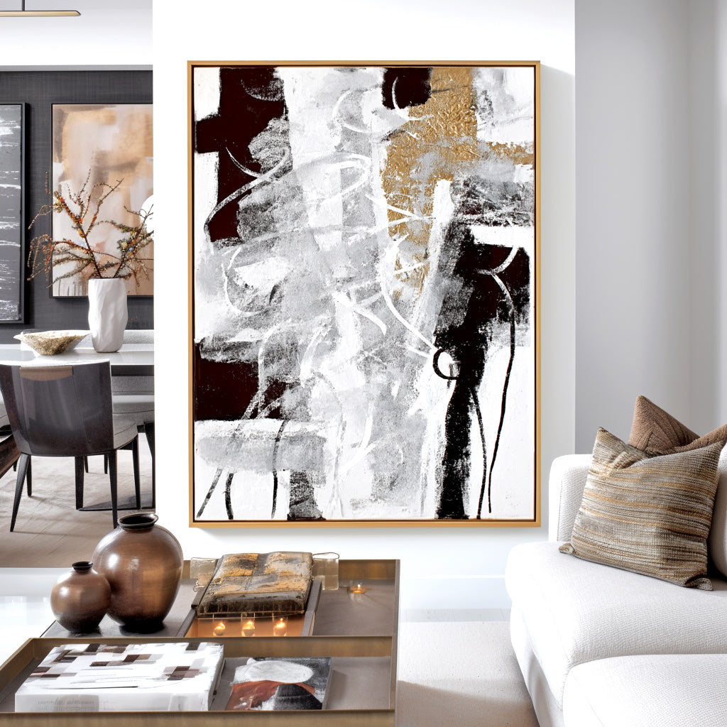Abstract Black and White Art with Gold Accents – Modern Minimalist Painting