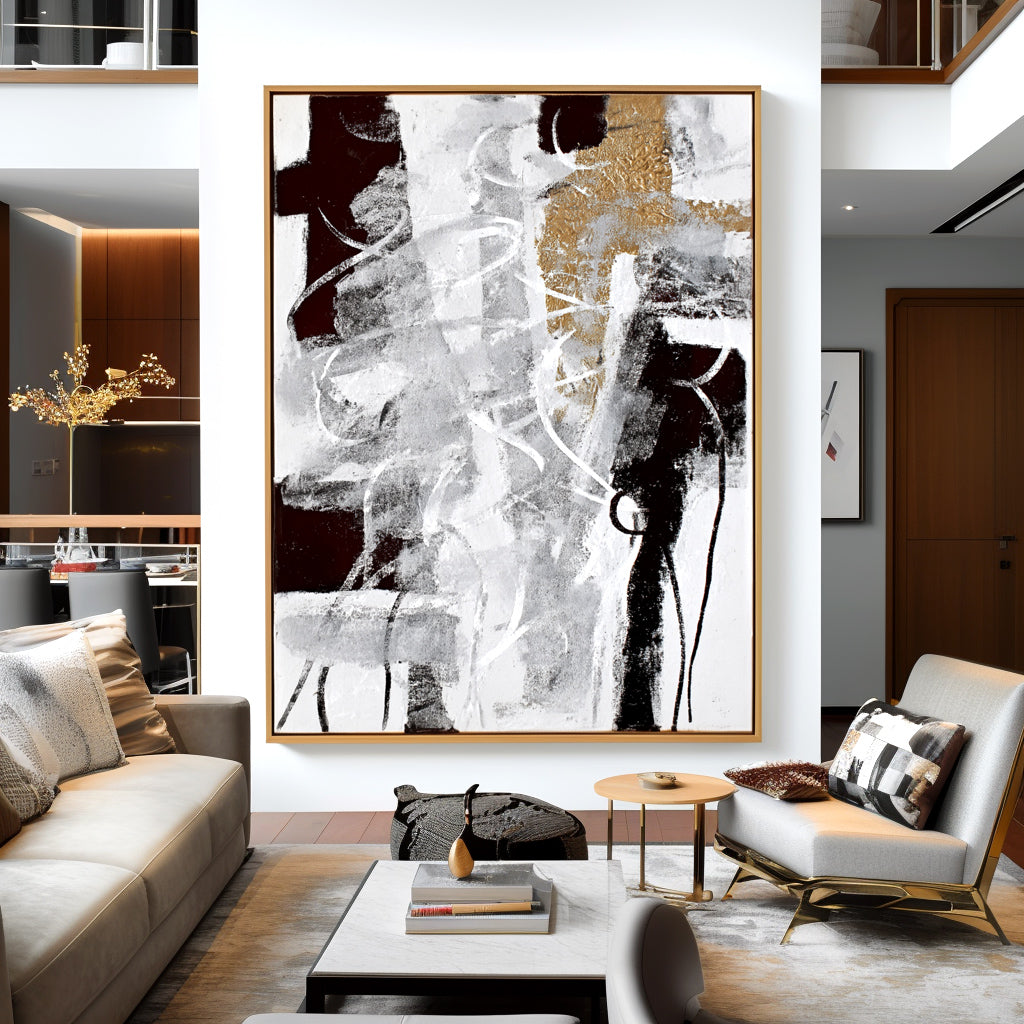 Abstract Black and White Art with Gold Accents – Modern Minimalist Painting