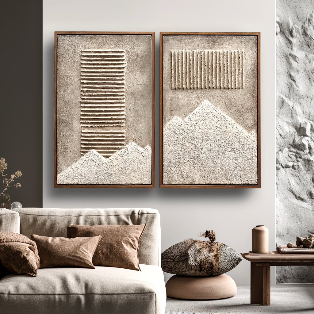 Textured abstract mountain and stripes art with 3D relief design in neutral beige and gray tones.