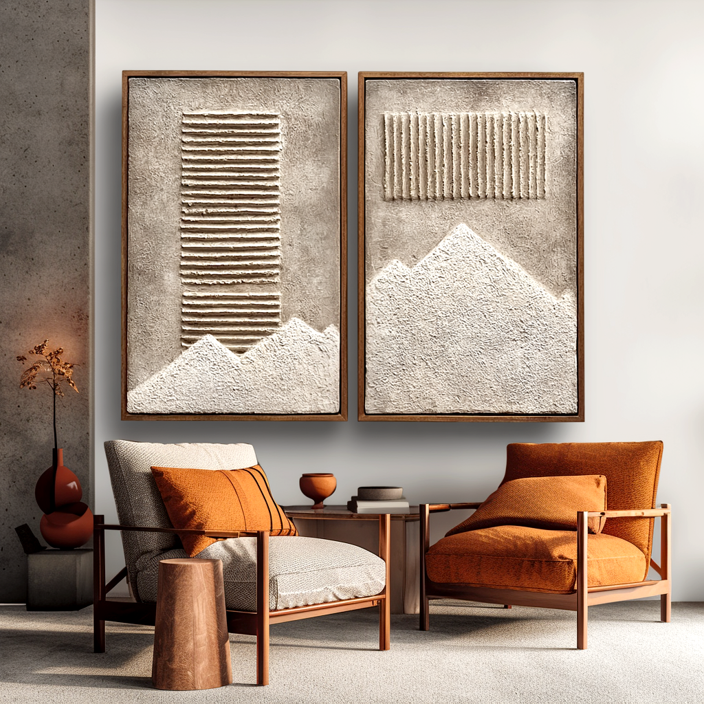 Textured abstract mountain and stripes art with 3D relief design in neutral beige and gray tones.