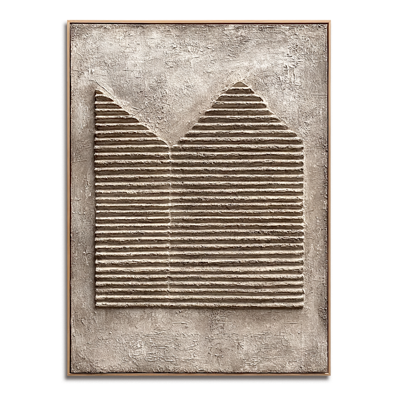 Abstract mountain relief art with textured 3D stripes in neutral tones of beige and gray.