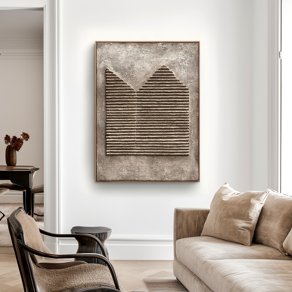 Abstract mountain relief art with textured 3D stripes in neutral tones of beige and gray.