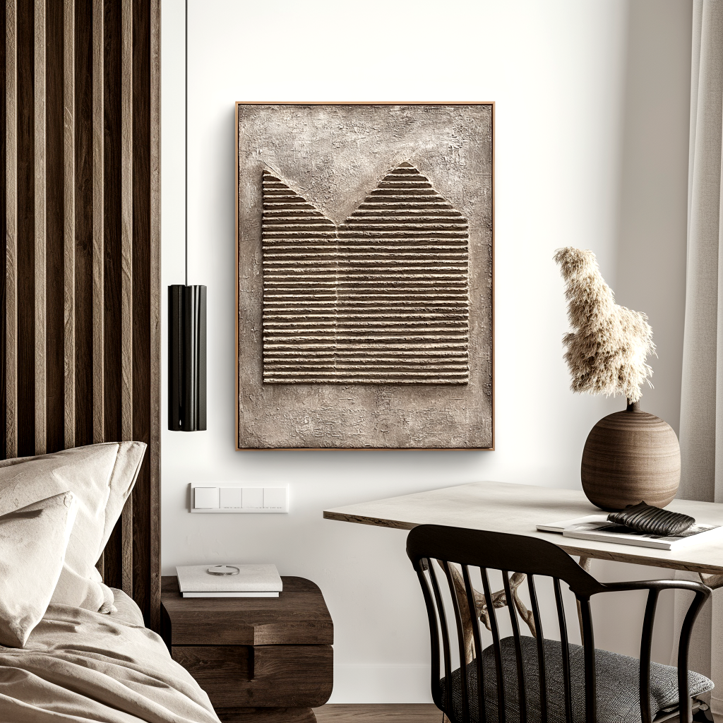 Abstract mountain relief art with textured 3D stripes in neutral tones of beige and gray.